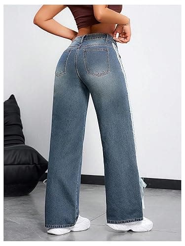MakeMeChic Women's Straight Wide Leg Denim Pants Striped Bow Rise Jeans with Pocket Y2K Streetwear thumbnail 2