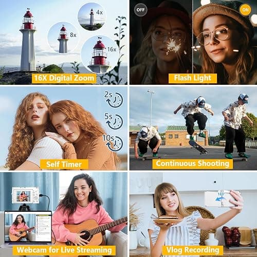 4K Digital Camera for Photography Autofocus, 64MP WiFi Vlogging Camera for YouTube with 2 Batteries, SD Card, 3" 180°Flip Screen Selfie Compact Travel Camera for Teens with 16X Zoom, Anti-Shake, White thumbnail 6