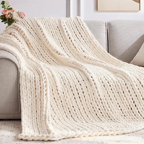 Negwoo Chunky Knit Throw Blanket, 50''*60'' Knitted Throw Chenille Yarn for Bed Couch, Handmade Cream Crochet Big Thick Blanket, Machine Washable Cute Comfy Blanket for Home Decor thumbnail 6