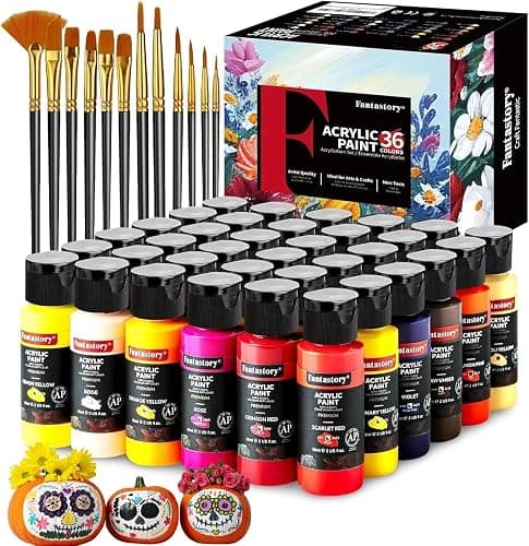 Fantastory Acrylic Paint Set 36 Classic Colors(2oz /60ml) with 12 Brushes, Professional Craft Thick Paints Kits for Adults, Canvas Wood Fabric Ceramic Rock Painting Supplies [Professional Series] - Image 1