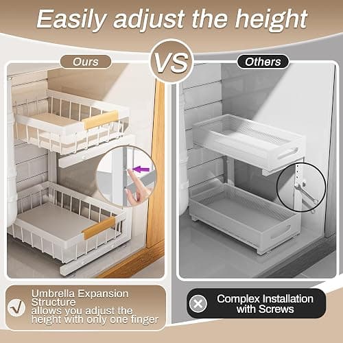 ADBIU Under Sink Organizer 2 Pack, Adjustable Height (11"-15.75") Under Cabinet Storage, 2 Tier Pull Out Sliding Drawers for Kitchen Bathroom, Heavy Duty Metal Shelf, White thumbnail 4