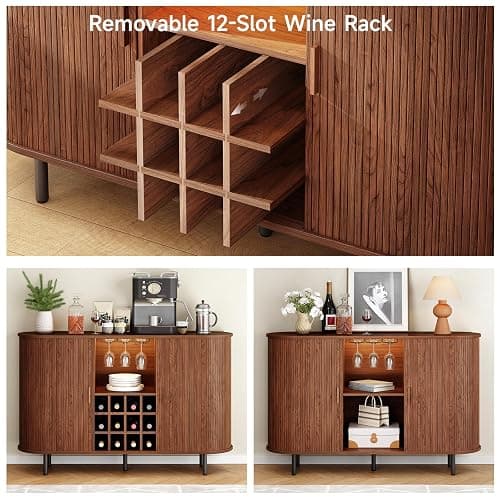 ONBRILL 55" Wine Bar Cabinet with LED Light,Modern Liquor Whiskey Coffee Station with Wine Rack and Glass Holder, Farmhouse Buffet Sideboard with Storage for Living Room, Kitchen, Entryway (Walnut) thumbnail 7