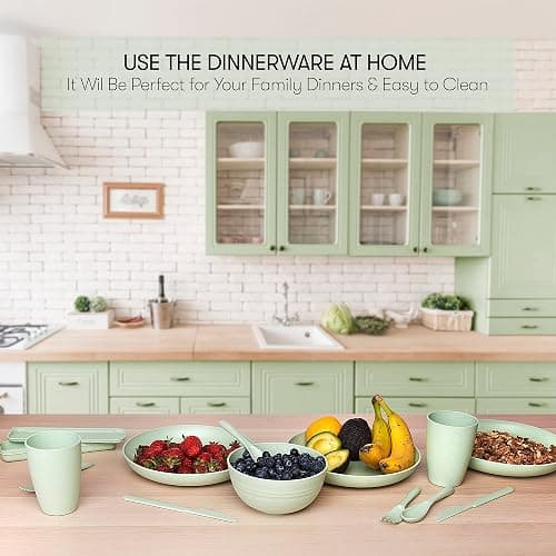 Wheat Straw Dinnerware Sets | Unbreakable Dinnerware Sets | Dishwasher Microwave Safe Dinnerware | Eco Friendly Non Breakable Dinnerware Sets | RV Outdoor Camping (Green, Service for 4 (28 pcs)) - Service for 4 (28 pcs) - Green thumbnail 2