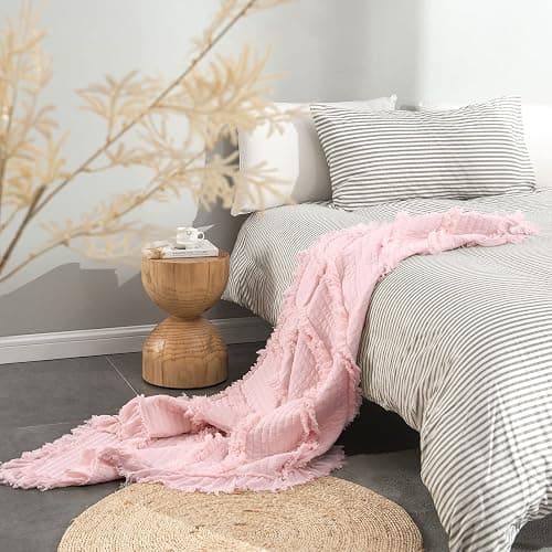 Ultra Soft Pre-Washed Quilted Throw Blanket, Ruffle Fringed Pink Boho Decorative Throw, Stone Washed Chic Rustic Blanket for Sofa Couch Bed Chair, 50"x 60" thumbnail 8