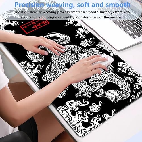 Black and White Mouse Pad Extra Large Gaming Mousepad XL Dragon Desk Mats Japanese Full Desk Keyboard Mat Computer Pad Desk Matt with Stitched Edges Non-Slip Desktop Mat 31.5 x15.7 in thumbnail 5