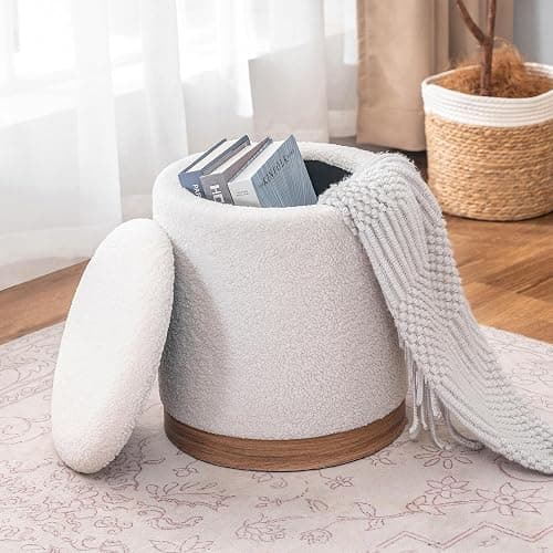 Joveco Round Storage Ottoman with Removable Lid, Boucle Small Upholstered Padded Vanity Foot Rest Stool for Living Room, Bedroom, Dorm, White with Oatmeal Wood Grain Trim thumbnail 7