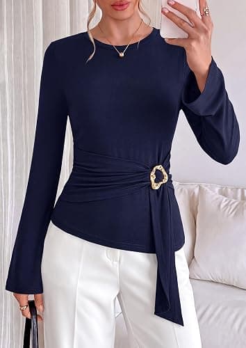 PRETTYGARDEN Asymmetrical Tops for Women Long Sleeve Top | Dressy Casual Blouses Shirts, Elegant Belted Peplum Tops for Going Out, Work, Business Casual Outfits, Fall Fashion Clothes thumbnail 6