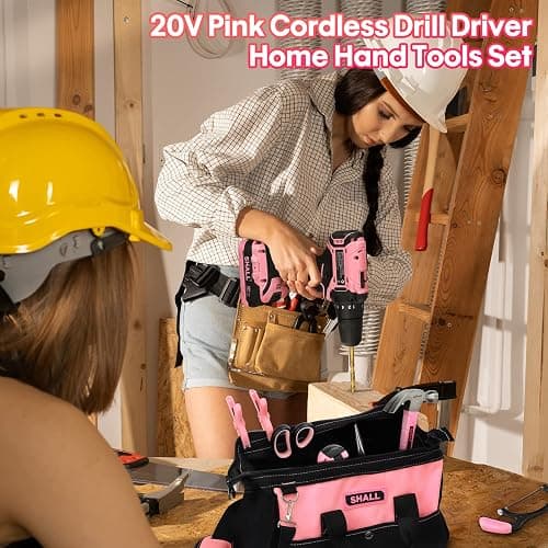 SHALL 247Pcs 20V Cordless Drill Driver & Household Tool Kit for Women, Pink Electric Power Drill Screwdriver and Home Hand Tool Set with 14” Storage Tool Bag for DIY, Home Repair/Maintenance thumbnail 7