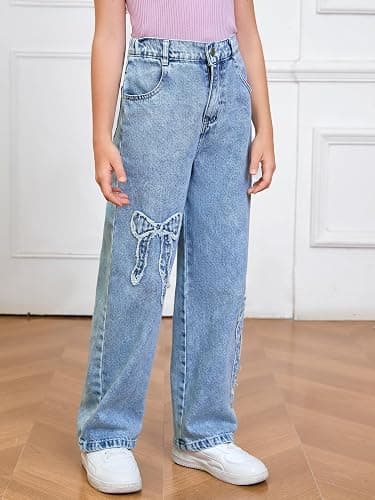 WDIRARA Girl's Bowknot Print Washed Jean Elastic Waist Denim Pants Straight Leg Trousers with Pockets thumbnail 2
