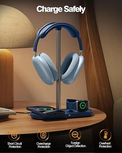 HiWe 3-in-1 Headphone Stand - Universal Desktop Gaming Headset Holder with Wireless Charger for Phones/AirPods/iWatch, Aluminum Alloy Rod, Leather Pad, ABS Solid Base, Blue thumbnail 4