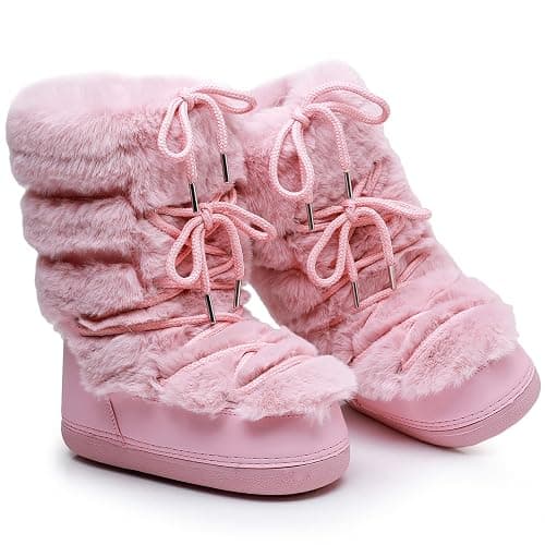ZHENAIYISHENG Furry Faux Fur Boots for Women - Fuzzy Winter Snow Boots - Fluffy Black White Pink Fur Boots - Lace-up Mid-Calf Water-Resistant Platform Boots thumbnail 7