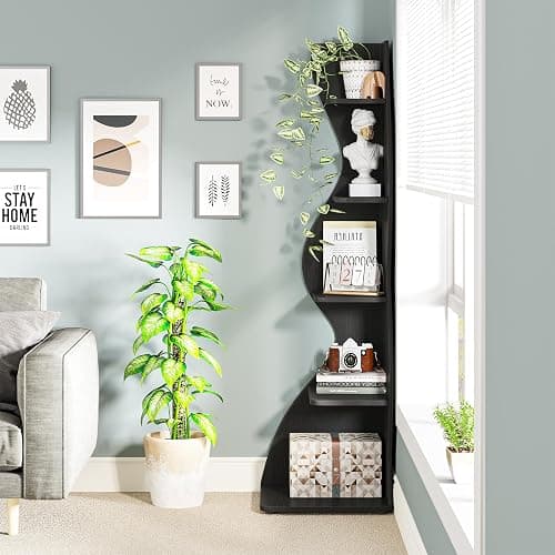 Tribesigns Corner Shelf, Modern 5-Tier Wall Corner Bookshelf, Stylish Corner Small Bookcase Storage Rack Plant Stand with Unique Shape for Living Room, Home Office, (1PC, Black) thumbnail 5