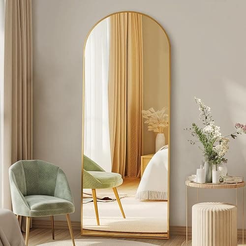 DUMOS Arched Full Length Mirror with Stand Floor Standing Aluminum Frame for Bedroom Body Hanging Leaning Modern Simple Home Decor Shatter-Proorf Nano Glass Wall Living Room Cloakroom Gold 56"x15" thumbnail 7