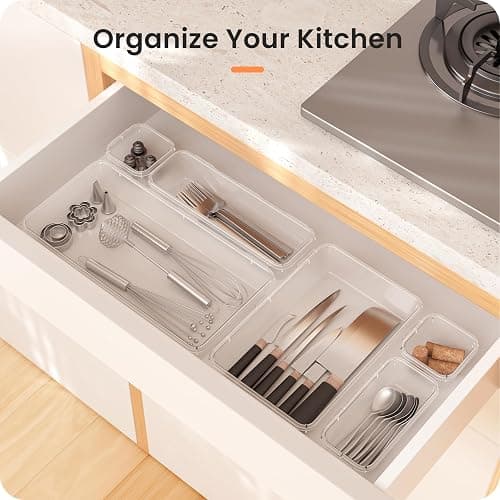 A-LuGei 【Military Grade】 Drawer Organizer, 【𝟱𝗦𝗶𝘇𝗲】 Clear Makeup organizer, 【Holds 177 Items】 Bathroom Organizers and Storage, Plastic Desk Organizer Divider, Organizer Bins for Office Vanity thumbnail 9