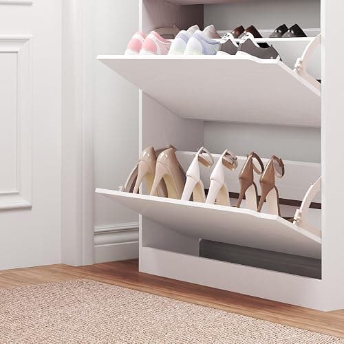 BORNOON Shoe Cabinet with 3 Flip Drawers, Hidden Wood Shoe Cabinet,Freestanding Shoe Storage Cabinet for Entryway Hallway.White. 47.2" H*31.5" W*9.45" D. thumbnail 6
