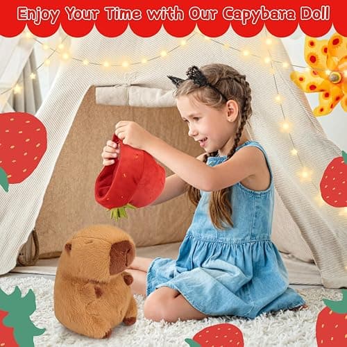 Emoin Capybara Plush Toy with Strawberry Hat 9.8 Inch Kawaii Soft Strawberry Capybara Stuffed Animals Hugging Capibara Baby Girls Gifts thumbnail 3