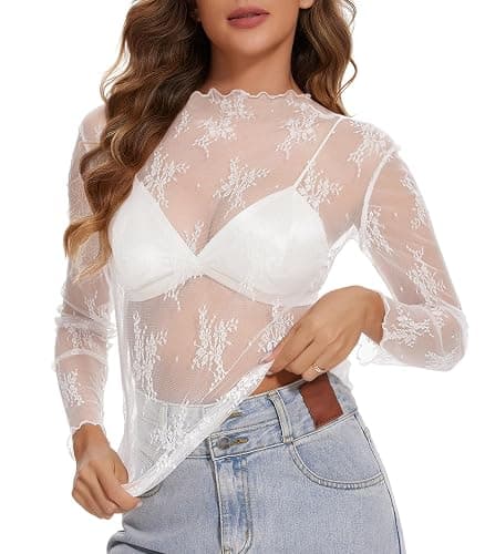 Womens Lace Mesh Long Sleeve Top Floral Sheer See Through Sexy Tops Mock Neck Shirts Party Club Night Blouses - Image 1