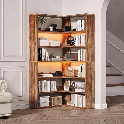 4 EVER WINNER Corner Bookshelf, 6 Tier Bookcase with LED Light and Storage, Industrial Tall Bookshelf Etagere Bookcase, 71” Corner Book Shelf with Storage Display Rack with Baffles for Home Office thumbnail 8