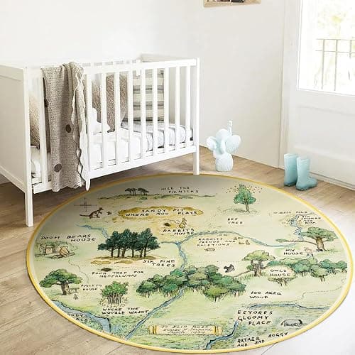 Estmy Washable Vintage Woodland Rug, 3ft Cute Fun Nursery Rugs for Girls Boys Neutral, Soft Stain Resistant Hundred Acre Wood Map Carpet, Cartoon Retro Kids Play Roud Rug Circle Infant Playmat - Image 1