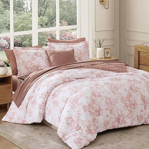BLOOMHAVEN Queen Comforter Set -7 Pieces Pink Floral Comforter Set thumbnail 9