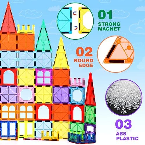Magnetic Tiles, 135PCS Magnetic Building Blocks with 2 Cars, Large Magnet Building Set,STEM Sensory Educational Toys Gift for Toddlers Kids Boys Girls. thumbnail 4