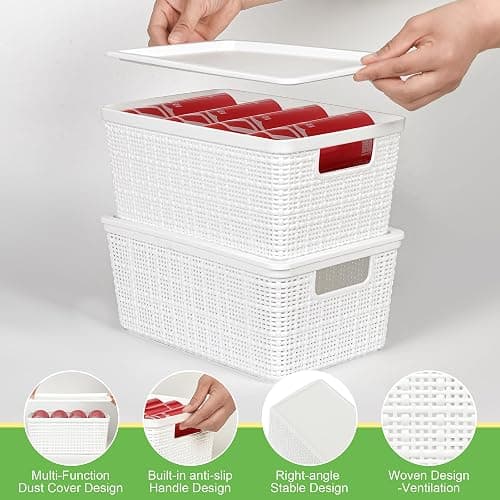 WRRLORS 6 Pack Plastic Storage Baskets with Lid,White Stackable Bins | Durable Woven Plastic With handle Breathable,Save space,For Organizing Desktops, Closets, Playrooms, Classrooms, Offices thumbnail 5