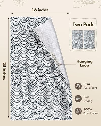 Miss Adola 370GSM Cotton Waffle Kitchen Towels, Fish | Pure Cotton, Sustainable, Waffle Weave, Terry Cloth, Highly Absorbent, Decorative, 16"x25", with Hanging Loop thumbnail 2