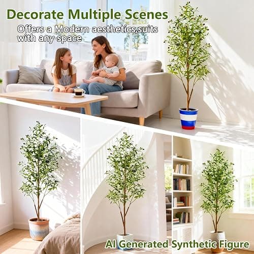 CyanZen 6FT Artificial Olive Tree Indoor, Tall Faux Olive Tree with Pot&Basket, Large Fake Olive Tree with Realistic 1080 Silk Leaves and 60 Fruits for Living Room Home Office Decor. thumbnail 8