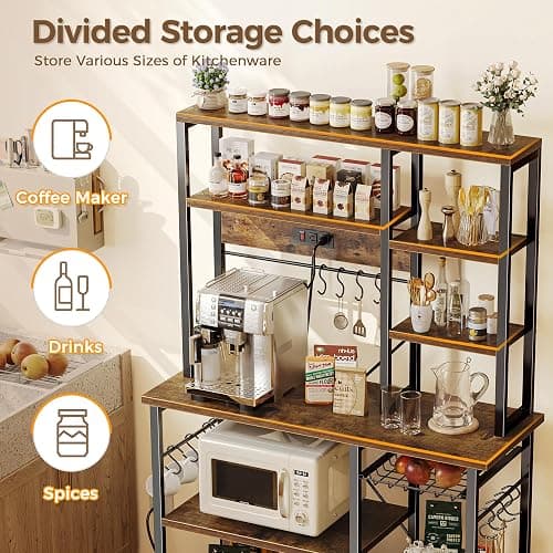 SUPERJARE Large Bakers Rack with Power Outlets, 6-Tier Microwave Stand, Coffee Bar with 12 S-Shaped Hooks, Kitchen Shelf with Wire Basket, 39.4 x 14.6 x 66.9 Inches, Rustic Brown thumbnail 5