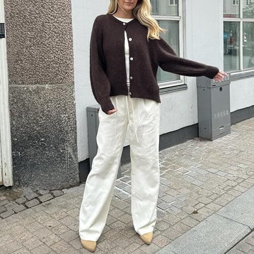 YILEEGOO Women's Solid Color Knit Cardigan Top V Neck Fuzzy Long Sleeve Button Down Sweaters thumbnail 4