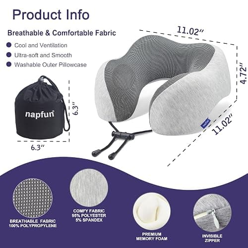 napfun Neck Pillow for Traveling, Upgraded Travel Neck Pillow for Airplane 100% Pure Memory Foam Travel Pillow for Flight Headrest Sleep, Portable Plane Accessories, Light Grey thumbnail 2