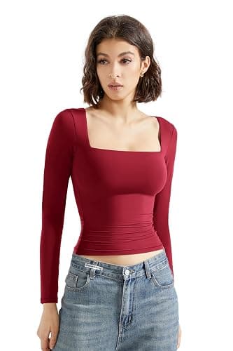 SUUKSESS Women Square Neck Long Sleeve Tops Double Lined Going Out T Shirts thumbnail 2