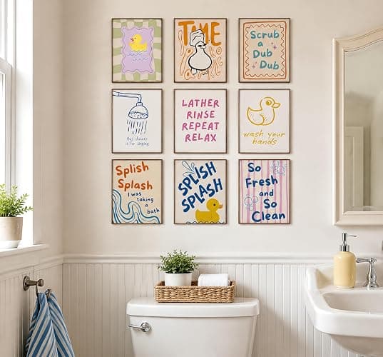 JBZDD 9 Pcs Funny Kids Bathroom Wall Art Prints, Retro Preppy Rubber Duck Canvas Poster Wall Decor, Colorful Whimsical Duck Decorations for Kids Nursery Toddler Washroom Toilet, 8x10 Inch Unframed thumbnail 2