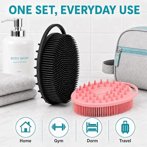 2 Pack Silicone Body Scrubber, Loofah Double-Sided Body Brush,Shower Scrubber and Scalp Massager Shampoo Brush for Sensitive Kids Women Men All Kinds of Skin (Black & Pink) thumbnail 9