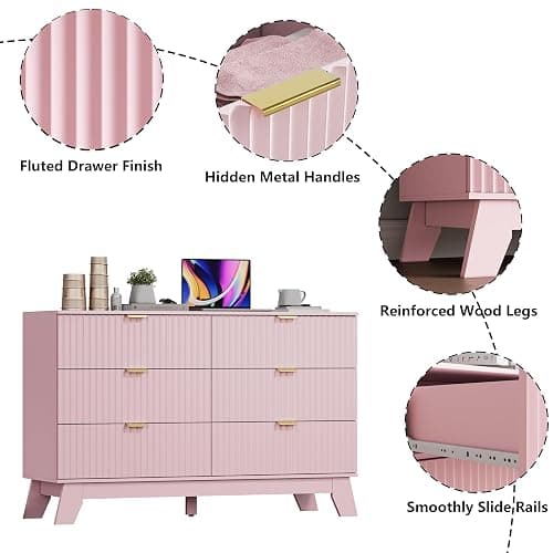 6 Drawer Dresser for Bedroom, Fluted Dressers Chest of Drawers with Gold Handle, Mid Century Modern Dresser for Closet, Wood Closet Storage Organizer Furniture for Bedroom, Living Room, Hallway, Pink thumbnail 4