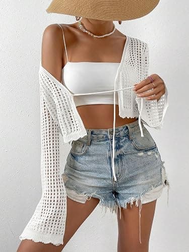 SHENHE Women's Tie Front Tops Bell Long Sleeve Knit Crochet Cardigan Crop Top thumbnail 4