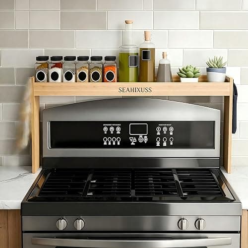 SEAHIXUSS Bamboo Wood Over the Stove Spice Shelf for Kitchen Storage, 31.5" Spice Rack Organizer Stove Top Shelf with 6 hooks, 11.4" Height Extra Oven Back Sink Countertop, Easy to Assemble - Image 1