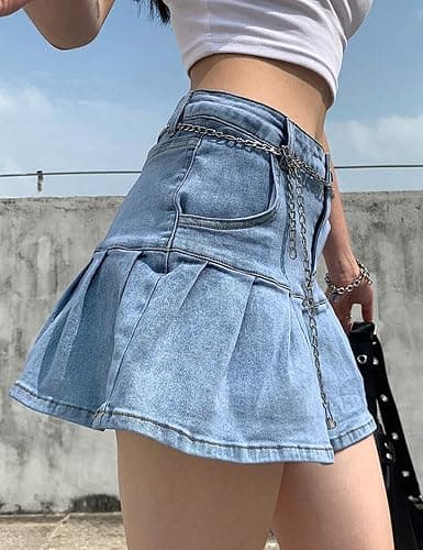 Yeokou Y2K Low Waisted Built-in Shorts Denim Skirt 2000s A-line Ruffle Pleated Mini Jean Skort for Streetwear Club thumbnail 2