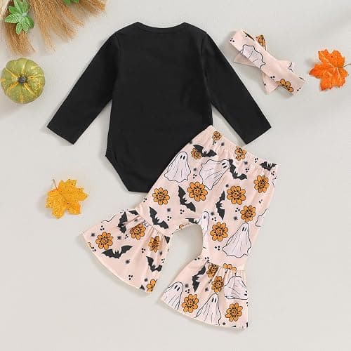 Newborn Baby Girl Halloween Clothes Long Sleeve Romper Tops Pumpkin Bell-Bottom Pants Headband Infant Fall Outfits thumbnail 7