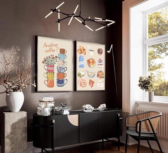 Modern Coffee Kitchen Canvas Wall Art Colorful Breakfast Food Croissant Painting Picture Wall Decor Trendy Coffee Cups with Flower Poster Print Artwork for Dining Room Bedroom Dorm Decorate, Unframed thumbnail 3