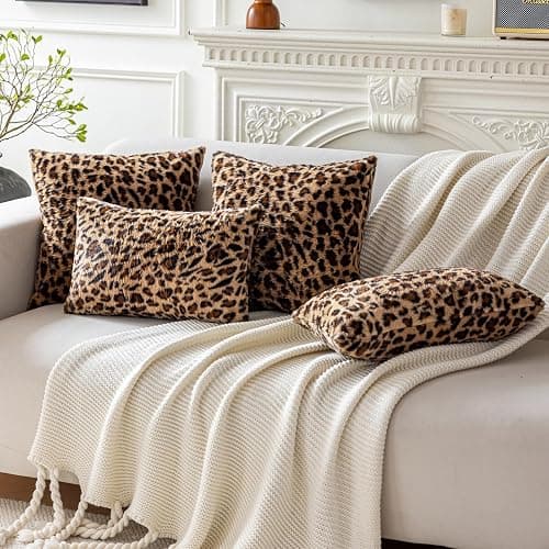 Soft Leopard Print Throw Pillow Covers 18x18 Set of 2, Cheetah Print Room Decor Faux Fur Fluffy Throw Pillows 18 x 18, Velvet Fuzzy Decorative Pillow Covers, Stockholm Style Room Decor for Women thumbnail 4