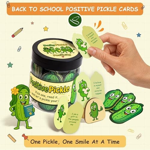 Positive Pickle Jar, 60 Affirmation Cards, Teacher Back to School Gifts | motivational cards, wooden stand, desk decor, inspirational gift for teen girls, friends, coworkers thumbnail 3