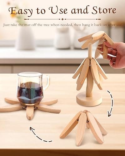 Wooden Tree Trivets for Hot Dishes, 3 Wooden Trivet + 1 Stand Natural Wooden Coaster for Hot Dishes, Pot, Bowl, Teapot, Hot Pot Holders, 3 Foldable Christmas Tree-Shaped Trivets thumbnail 3