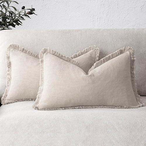 Foindtower Set of 2 Decorative Linen Fringe Lumbar Throw Pillow Covers Boho Farmhouse Cushion Cover with Tassels Cozy Accent Pillowcase for Sofa Couch Living Room Home Decor,12×20 Inch,Natural Beige - 20" x 12" (Pack of 2) - Natural Beige - Image 1