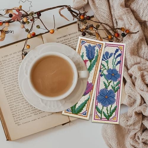 ORIGACH 6 Pcs Flower Cross Stitch Bookmark Kit for Beginner with Backing Felt Floss Instruction Sunflowers Tulip DIY Stamped Embroidery Bookmark Kit for Starter Adults Book Lovers thumbnail 6