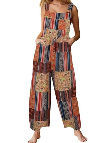 Himosyber Women's Patchwork Dual Pocket Jumpsuit Loose Floral Print Bohemian Wide Leg Bib Overall - Image 1