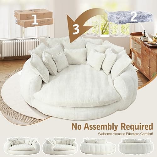 SumKea 82'' Oversized Upholstered Sofa Bed, Round Chaise Lounge Chair Indoor, Modern Chenille Boneless Couch, No Assembly Required, Plush Sleeper Chair with 14 Pillows for Living Room, Beige thumbnail 4