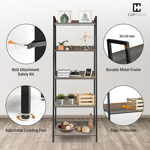 CAPHAUS 5 Tier Ladder Bookshelf, 24 Inch Width Free Standing Shelf, Bookcase Shelf Storage Rack Organizer, Industrial Book Shelves for Home Office, Living Room, Kitchen, Dark Grey, Vintage Shelves thumbnail 5