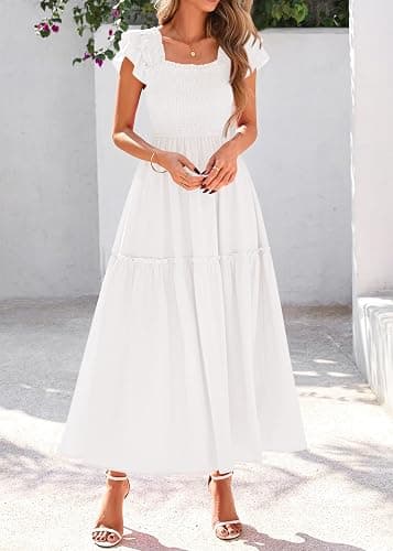 KIRUNDO Smocked Summer Dresses for Women 2026 Wedding Guest Midi Flowy Ruffle Short Sleeve Square Neck Tiered Sundress thumbnail 6