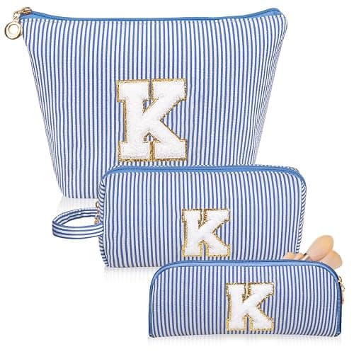 Junesters Personalized Initial Makeup Bag, Embroidered Stripe Travel Cosmetic Case, Large & Small Pouch Set for Women - Image 1